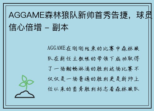 AGGAME森林狼队新帅首秀告捷，球员信心倍增 - 副本